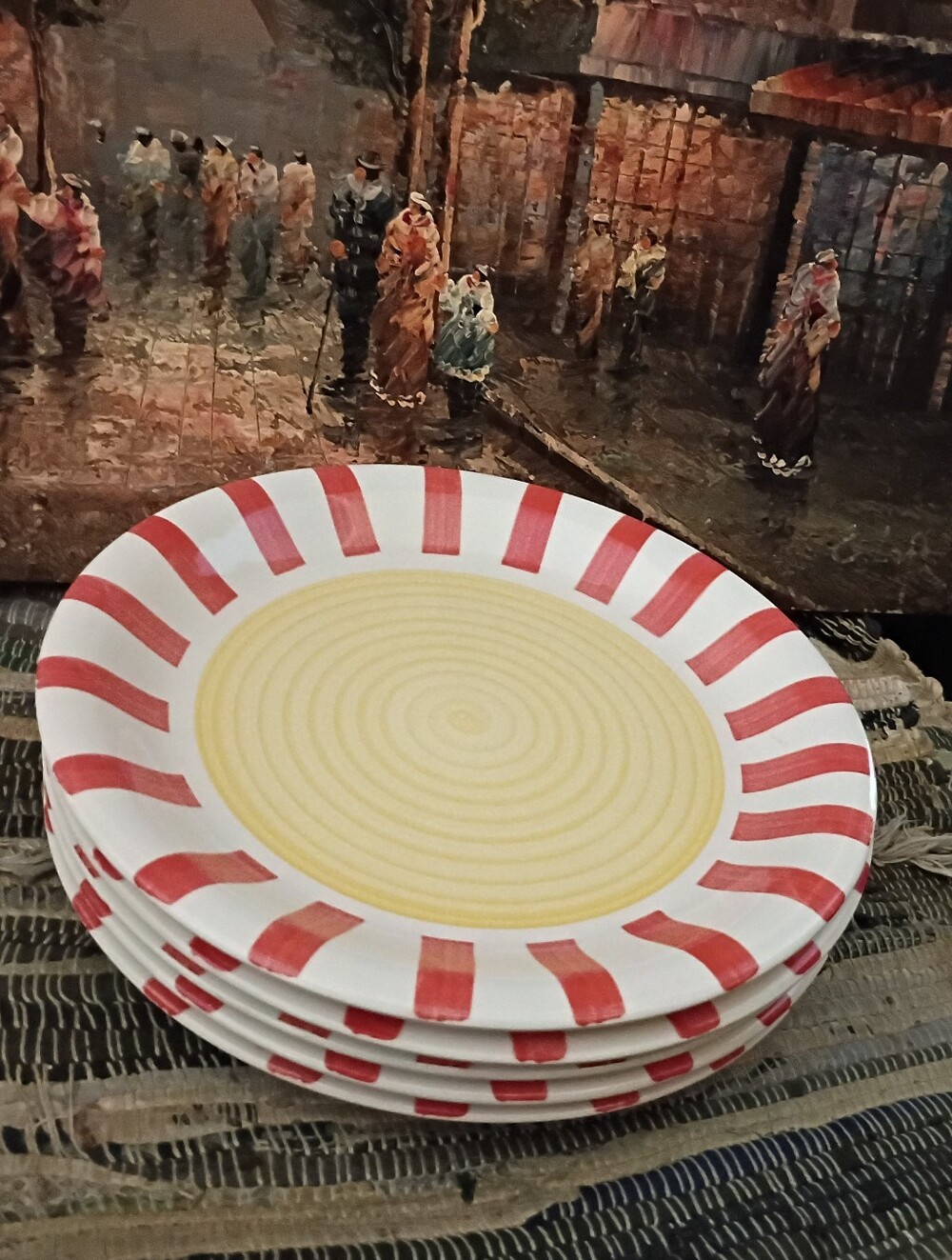 Tabletop Ave Striped Red and Cream Ceramic Dinner Plates - Set of 4